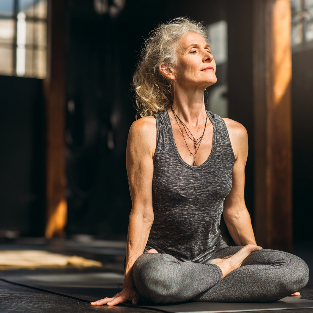 Жінка 55 років виконує асану йоги на килимку в студії з природним освітленням