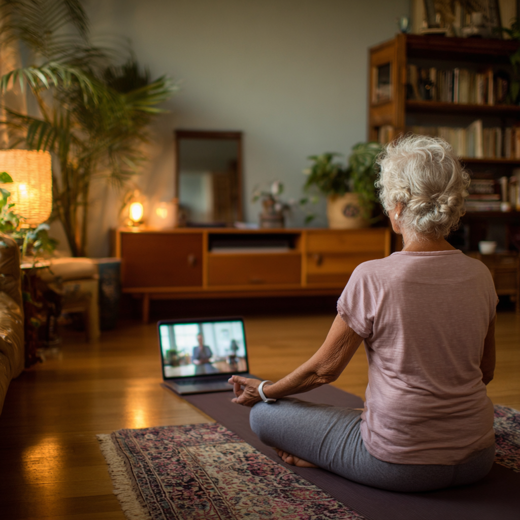 Жінка 60 років практикує йогу вдома перед ноутбуком під час онлайн заняття