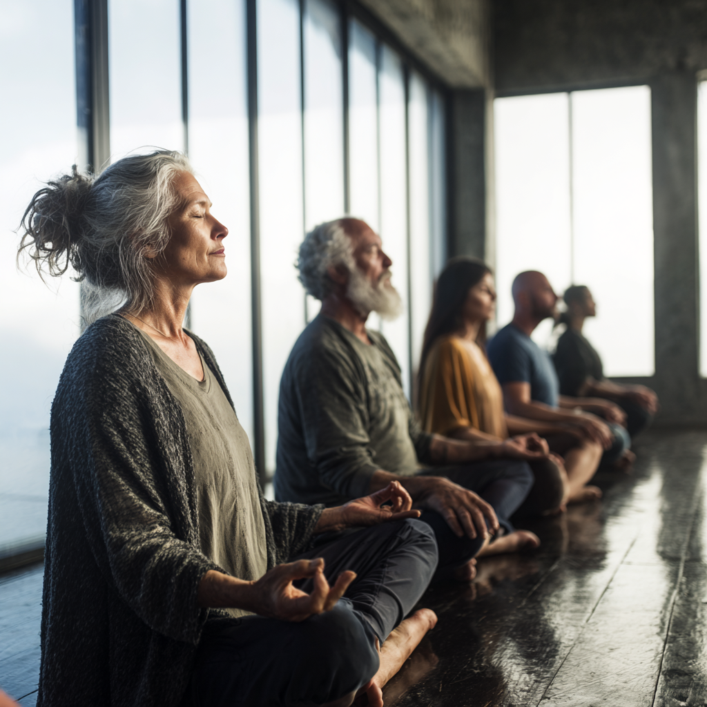 Група людей віком 50-60 років медитує в кімнаті з великими вікнами та природним світлом